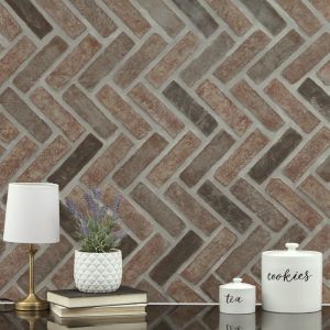 Noble Red Clay Brick Herringbone Meshed Wall Tile